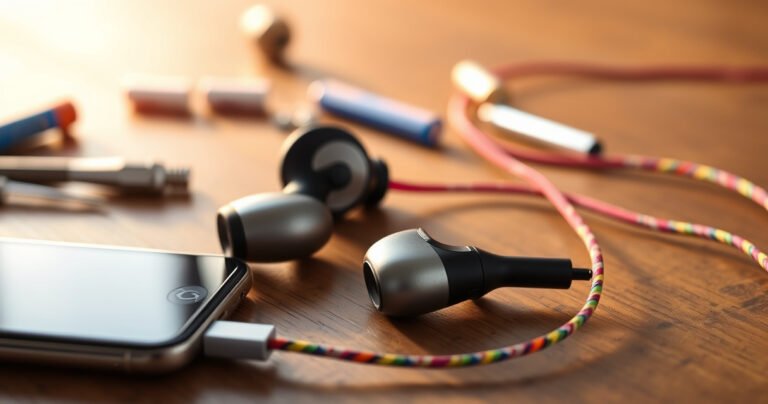 A close-up of a pair of stylish Bluetooth earphones resting on a wooden table, with a smartphone connected via a colorful charging cable. The background is softly blurred, showcasing scattered tools like tweezers and small batteries, while a warm light casts a gentle glow, highlighting the earphones’ sleek design and innovative charging method.