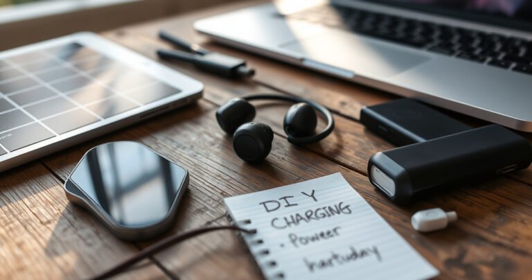 A close-up of a pair of sleek Bluetooth earphones resting on a rustic wooden table, surrounded by creative charging alternatives like a solar panel, a laptop, and a power bank. Soft morning light illuminates the scene, highlighting the innovative methods of charging, while a notepad with handwritten notes about DIY charging techniques is slightly visible in the background.