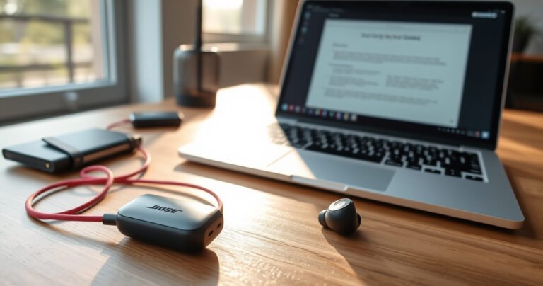 A close-up of sleek Bose wireless earphones resting on a wooden table, with a vibrant charging cable coiled nearby. Sunlight filters through a window, casting gentle reflections on the earphones' glossy surface. An open laptop shows a step-by-step guide on the screen, surrounded by minimalistic tech accessories, creating an inviting workspace atmosphere.