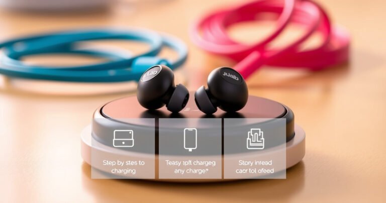 A close-up of JLab earbuds resting on a sleek charging pad, surrounded by vibrant, colorful charging cables. Soft, warm lighting highlights the earbuds' sleek design, while a step-by-step infographic overlays the scene, featuring bold, easy-to-read icons illustrating the charging process. The background is softly blurred to emphasize the earbuds, creating an inviting tech-savvy atmosphere.