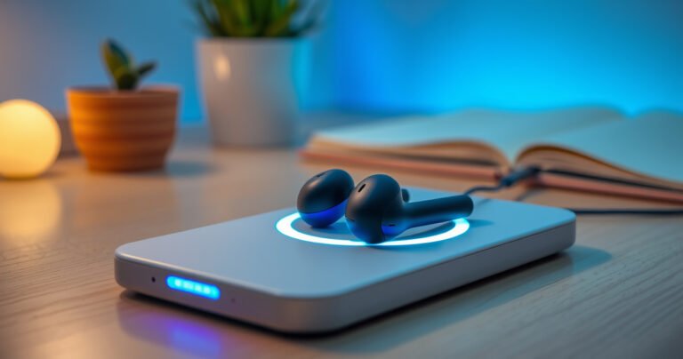 A close-up of sleek wireless earphones resting on a modern charging pad, with vibrant LED indicators glowing softly. The background features a minimalist desk setup with a cozy ambiance, including a potted plant and a notebook, evoking a sense of ease and efficiency in charging technology.