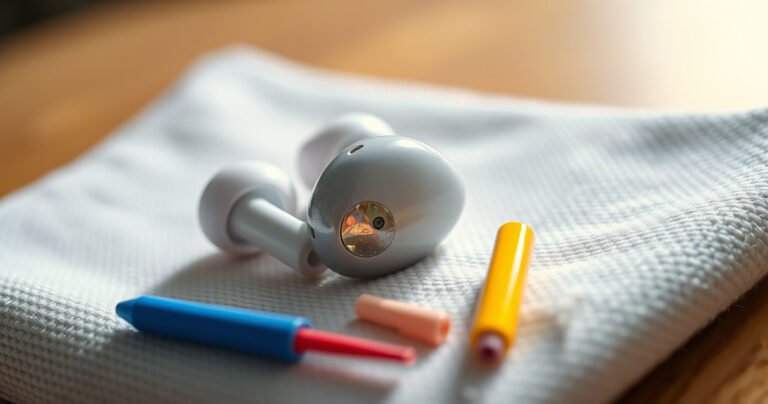 A close-up of sparkling clean earbuds resting on a soft, textured cloth, with tiny, colorful cleaning tools like brushes and wipes arranged artistically around them. In the background, a subtle hint of sound waves emanating from the earbuds, creating an inviting atmosphere that conveys clarity and freshness in audio.