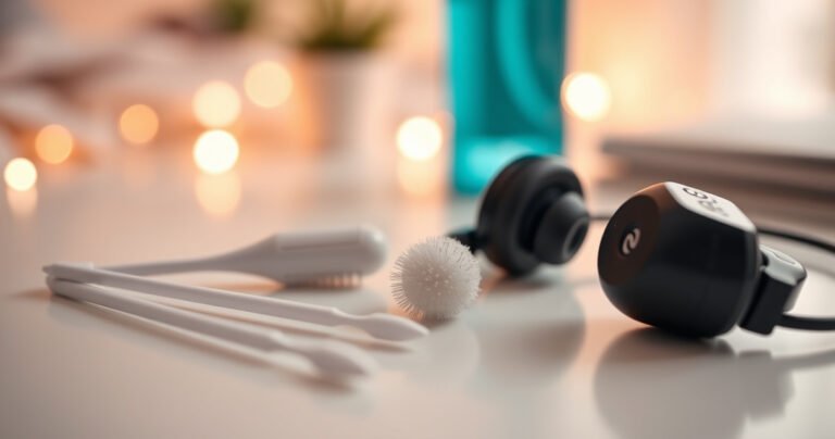 A close-up of a pair of sleek, modern earphones resting on a clean, white surface. Surrounding them are soft cleaning tools: a tiny brush with fine bristles, cotton swabs, and a gentle cleaning solution bottle. In the background, a soft, blurred image of a cozy workspace with warm lighting, creating a sense of calm and care.