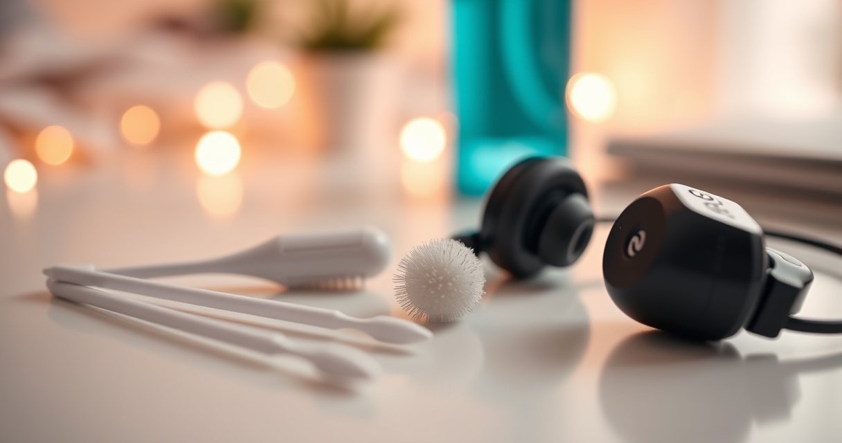 A close-up of a pair of sleek, modern earphones resting on a clean, white surface. Surrounding them are soft cleaning tools: a tiny brush with fine bristles, cotton swabs, and a gentle cleaning solution bottle. In the background, a soft, blurred image of a cozy workspace with warm lighting, creating a sense of calm and care.