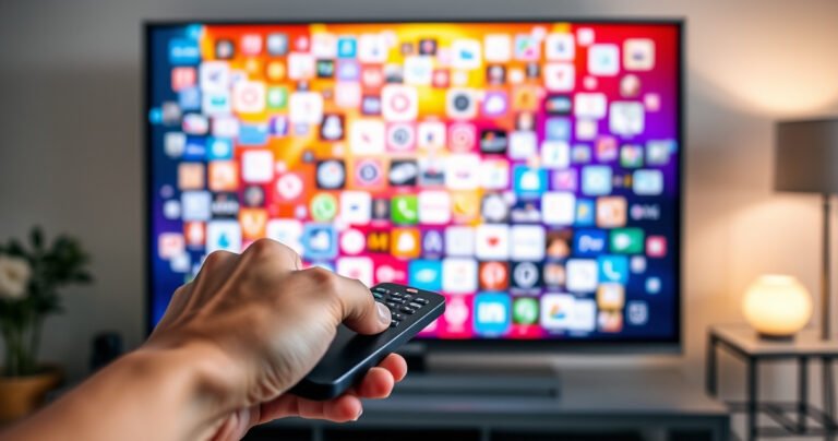 A sleek Samsung Smart TV displaying a vibrant, cluttered digital interface filled with app icons and notifications. In the foreground, a user’s hand delicately hovers over the remote, with a blurred background of a cozy living room, soft ambient lighting, and a hint of a family enjoying their screen time, symbolizing the importance of digital cleanliness.