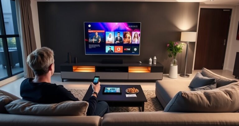 A sleek modern living room with a large smart TV displaying a colorful app interface. A person casually sitting on a cozy couch, remote in hand, focused on the screen. Soft ambient lighting reflects off stylish furniture, with a coffee table holding snacks and a tablet, conveying a blend of technology and comfort in home entertainment.