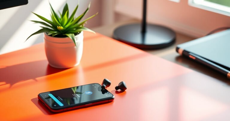 An elegant, modern workspace featuring a pair of sleek 2Boom wireless earphones on a vibrant desk, surrounded by a smartphone displaying a Bluetooth pairing screen, soft natural light illuminating the scene, and a minimalistic plant adding a touch of greenery, evoking a sense of tech-savvy simplicity and ease.