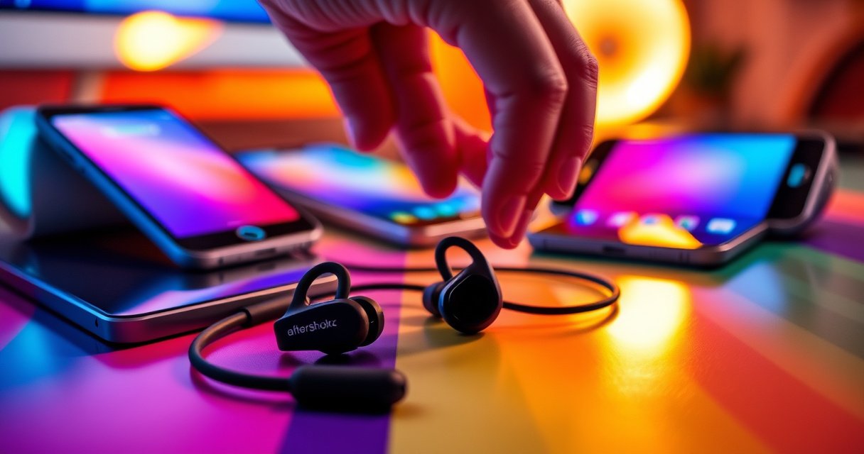 A close-up of a sleek pair of Aftershokz earphones resting on a vibrant, modern desk. Surrounding them are colorful smartphone screens displaying connection interfaces, while a hand reaches for the earphones, creating a sense of interaction. Warm lighting enhances the contemporary feel, emphasizing the tech-savvy atmosphere, perfect for guiding readers through the connection process.