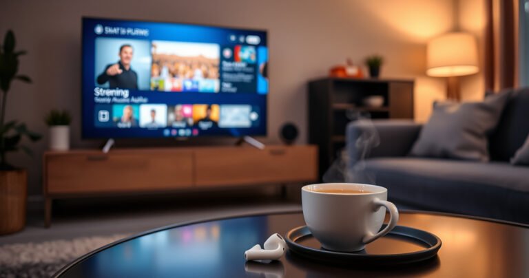 A cozy living room scene featuring a sleek smart TV displaying a vibrant streaming interface. In the foreground, a pair of white AirPods rests on a stylish coffee table beside a steaming cup of tea. Soft, ambient lighting casts a warm glow, inviting viewers to enjoy seamless audio experiences.