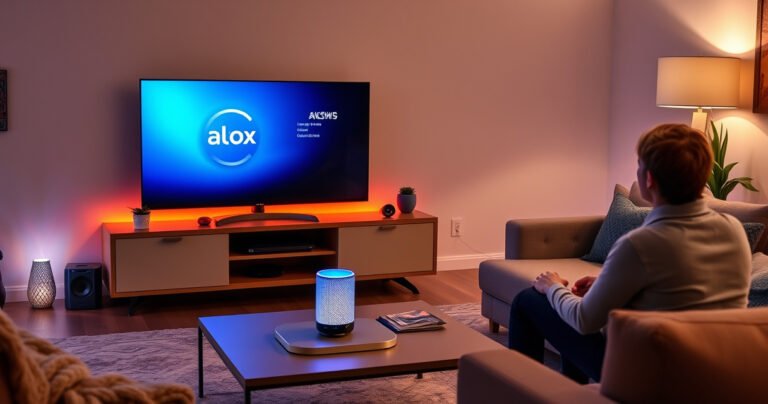A modern living room featuring a sleek Samsung Smart TV displaying the Alexa interface, with a glowing smart speaker on a stylish coffee table. Soft ambient lighting creates a cozy atmosphere, while a user interacts with the TV using voice commands. Colorful tech gadgets and cozy furnishings enhance the inviting space, blending technology with comfort.