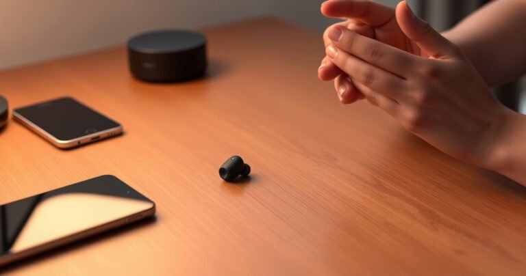 A sleek pair of Bang and Olufsen earbuds rests on a minimalist wooden desk, surrounded by subtle hints of technology, like a glowing smartphone and a sleek tablet. Soft, ambient lighting casts a warm glow, emphasizing the earbuds' elegant design, while a pair of hands gently reaches toward the device, illustrating the seamless pairing process.