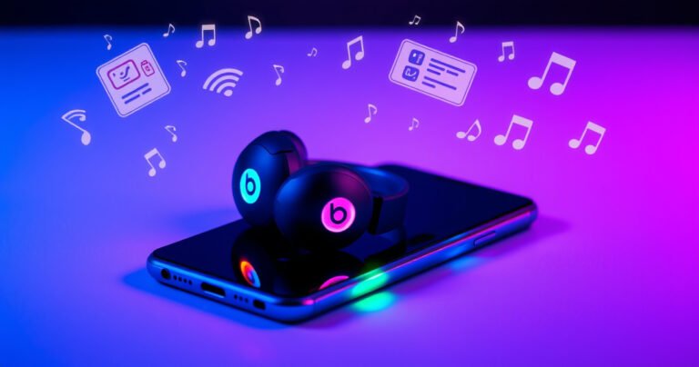 A vibrant scene featuring a pair of sleek Beats earbuds resting on a modern Android smartphone, illuminated by colorful LED lights. Surrounding them are step-by-step illustrated instructions floating in the air, with playful musical notes and wireless signals creating a dynamic sense of connection and technology. The background is a soft gradient of blue and purple.