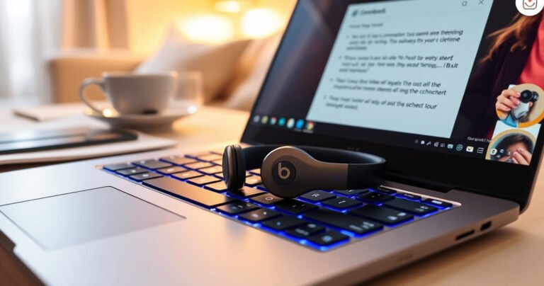 A sleek pair of Beats earbuds resting on a vibrant, modern Chromebook keyboard, glowing icons from the screen illuminating the scene, a soft, inviting workspace in the background with cozy lighting, a cup of coffee nearby, and a step-by-step guide subtly visible on the screen, embodying a seamless tech connection experience.
