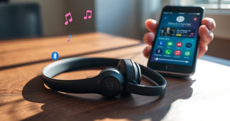 A close-up of a pair of sleek, modern Beats earbuds resting on a wooden table, surrounded by colorful phone icons and Bluetooth symbols. Soft sunlight filters through a nearby window, casting playful shadows, while a hand reaches out, ready to connect the earbuds to a smartphone displaying a vibrant music app interface.