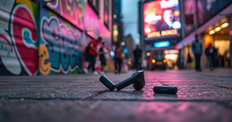 A close-up of sleek, modern wireless earbuds resting on a vibrant city sidewalk, surrounded by colorful graffiti and bustling passersby, with a bright billboard glowing in the background. The earbuds are elegantly designed, reflecting the urban energy, while subtle hints of technology, like smartphone notifications and sound waves, swirl around them in an atmosphere of connectivity and innovation.