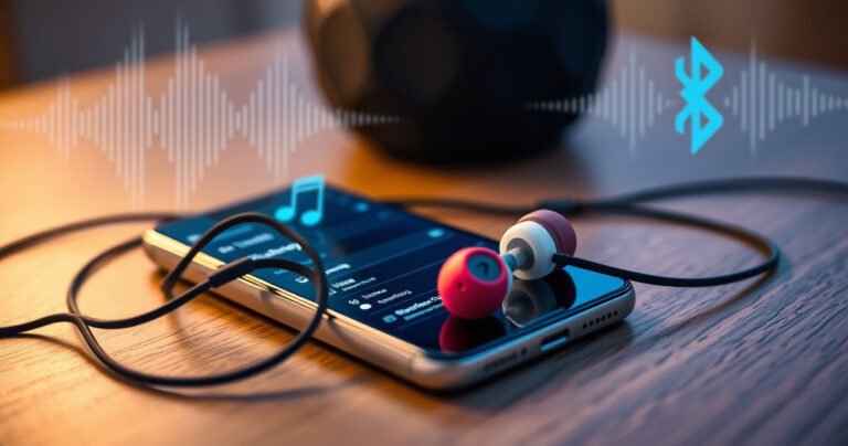 A close-up of sleek Skullcandy earphones resting on a modern wooden table, surrounded by a smartphone displaying a Bluetooth settings screen. Soft, ambient lighting highlights the vibrant colors of the earphones, with a subtle tech-themed background featuring sound waves and blue-tooth symbols, conveying a sense of connection and modernity in a stylish setting.