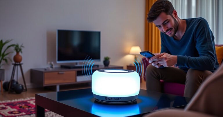 A modern living room featuring a sleek smart TV on a stylish stand, surrounded by vibrant decor. A glowing Bluetooth speaker sits prominently on a coffee table, with animated sound waves emanating from it. Soft ambient lighting creates a cozy atmosphere, while a person curiously interacts with a smartphone, showcasing the connection process.