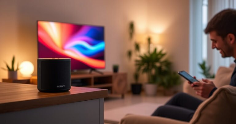 A cozy living room scene with a sleek Sony Bravia Smart TV displaying vibrant colors, a stylish Bluetooth speaker on a wooden shelf, and a person happily connecting their phone. Soft ambient lighting casts a warm glow, with comfy furniture and decorative plants in the background, creating a welcoming atmosphere for technology and relaxation.
