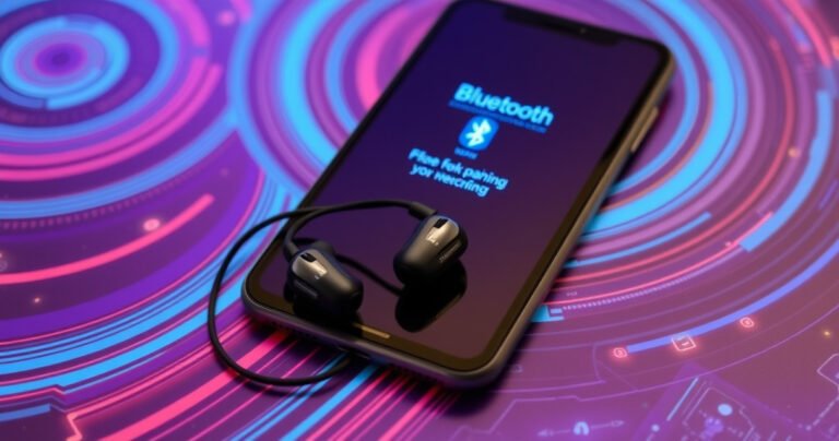 A sleek, modern pair of Bmani earbuds resting on a vibrant, tech-inspired background with swirling digital patterns. Nearby, a smartphone displays a glowing Bluetooth pairing screen, illuminated in soft blue light. Subtle hints of sound waves flow through the air, creating a dynamic sense of connection and technology.