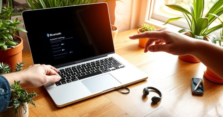 A sleek MacBook on a wooden desk, surrounded by vibrant plants, with a pair of stylish Bose earbuds resting nearby. A glowing screen displays Bluetooth settings, while a hand reaches for the earbuds, symbolizing connection. Soft sunlight filters through a nearby window, creating a warm, inviting atmosphere that encourages technology and nature harmony.