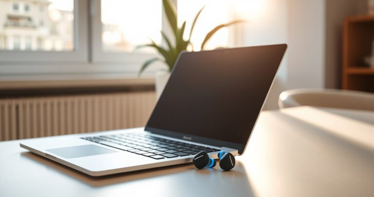 A sleek laptop open on a modern desk, vibrant Bose QC earbuds elegantly displayed beside it, glowing with a soft blue light. A minimalist workspace with a potted plant in the background, sunlight streaming through a window, creating a warm, inviting atmosphere that encourages productivity and focus on technology.