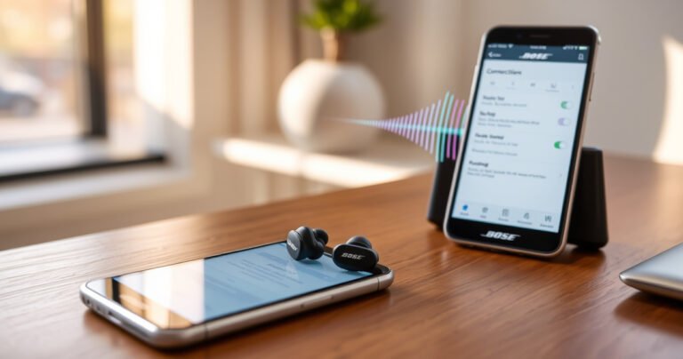 A sleek pair of Bose wireless earbuds resting on a modern wooden desk, surrounded by vibrant soundwave graphics, a smartphone displaying connection settings, and a soft glow of natural light filtering through a nearby window, creating an inviting atmosphere that conveys the effortless elegance and technology of wireless audio.
