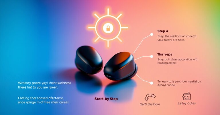 A close-up of two sleek wireless earbuds resting on a vibrant, colorful background, with glowing connection symbols hovering above them. Surrounding the earbuds are illustrated step-by-step instructions in a modern font, showcasing visual cues like arrows and icons, all designed to convey a sense of ease and connectivity in a tech-savvy, engaging style.