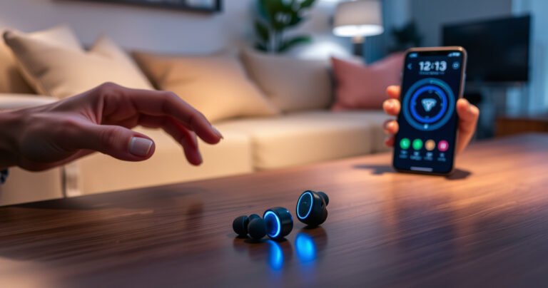 A stylish pair of wireless earbuds resting on a sleek wooden table, their glowing blue lights illuminating a backdrop of a cozy living room. A hand reaches towards the earbuds, while a smartphone displays a vibrant connection interface, surrounded by soft, ambient lighting and hints of modern decor that evoke a sense of connectivity and ease.