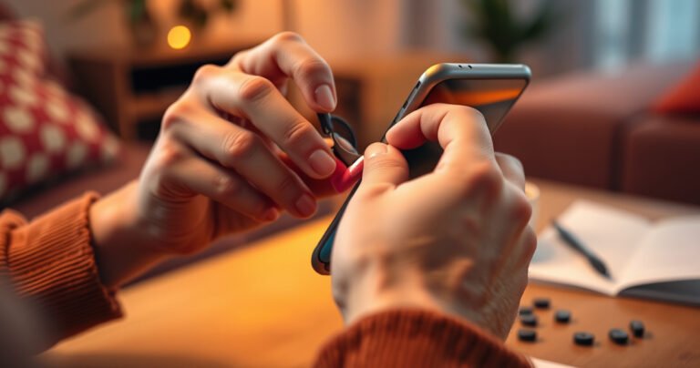 A close-up of a person’s hands expertly connecting a sleek, modern C Type earphone to a smartphone, surrounded by vibrant colors of a cozy home setting. The background features soft, warm lighting, a hint of a coffee cup on a table, and scattered notes, creating a relaxed, inviting atmosphere for tech enthusiasts.