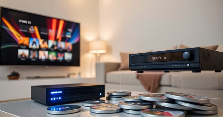 A sleek modern living room featuring a stylish smart TV displaying vibrant colors, alongside a classic DVD player with a glowing blue light. An inviting sofa adorned with cozy cushions, a warm ambiance created by soft lighting, and scattered DVDs on a coffee table, illustrating the perfect blend of technology and nostalgia in home entertainment.