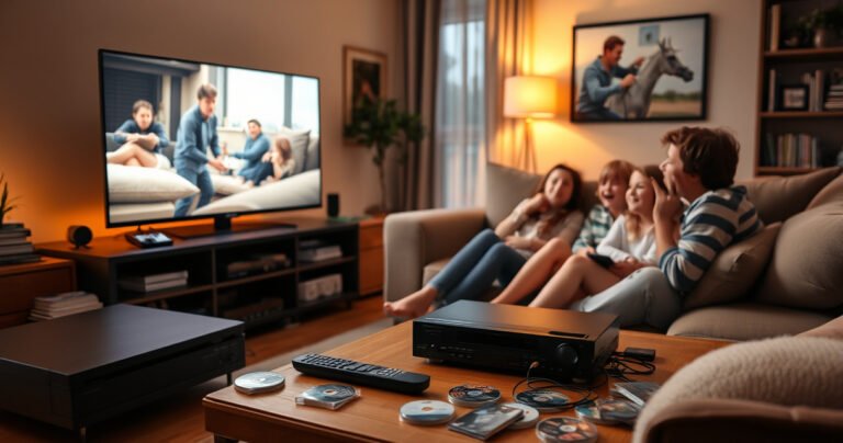 A cozy living room scene showcasing a sleek smart TV connected to a vintage DVD player, surrounded by scattered DVDs. Warm lighting illuminates a comfortable sofa, with a remote control and cables neatly arranged on a coffee table. A family sits together, engaged and excited, as the screen displays a classic movie, enhancing the inviting atmosphere.