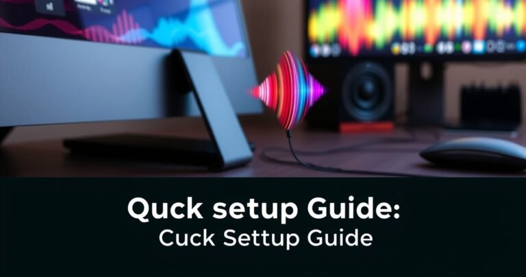 A close-up view of a sleek desktop setup featuring a modern computer, a pair of stylish earphones, and vibrant sound waves emanating from the earphones, set against a minimalist background with colorful sound visualizations, conveying ease of connection and technology harmony, inviting readers to dive into the quick setup guide.