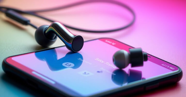 A close-up of a pair of sleek, modern earbuds resting on a vibrant, colorful background. Cables are gently coiled, and a smartphone screen displays a simple, user-friendly setup guide. Soft, diffused lighting highlights the shiny surfaces of the earbuds, creating an inviting atmosphere that emphasizes ease of use and connectivity.