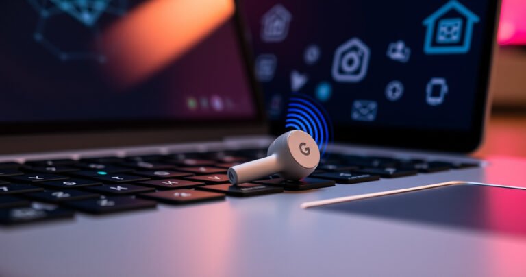 A close-up view of sleek Google Pixel earbuds resting on a modern laptop keyboard, with vibrant sound waves visually emanating from the earbuds. Soft, ambient lighting enhances the tech-savvy atmosphere, while subtle hints of connectivity icons float in the background, symbolizing seamless integration between devices.