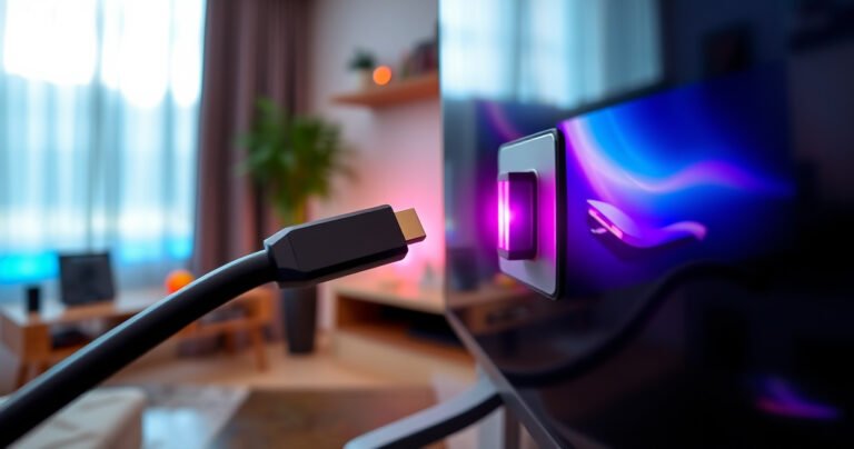A close-up of a sleek smart TV with a glowing screen, a shiny HDMI cable being confidently plugged into a vibrant port, surrounded by modern living room decor, soft ambient lighting, and colorful gadgets, conveying a sense of ease and clarity in technology usage.
