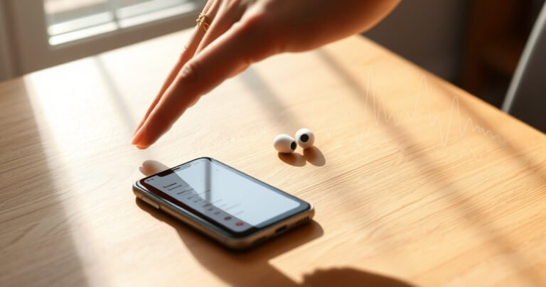A sleek pair of Heyday earbuds resting on a clean wooden table, surrounded by a smartphone displaying Bluetooth settings. Soft sunlight filters through a nearby window, casting gentle shadows. A hand reaches for the earbuds, emphasizing simplicity and modern technology, with a faint outline of sound waves subtly illustrated in the background.
