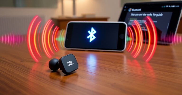 A sleek pair of JBL Bluetooth earphones resting on a wooden table, surrounded by vibrant sound waves illustrated in neon colors. In the background, a smartphone displays a glowing Bluetooth icon, while an open laptop shows a step-by-step guide. The ambiance is modern and tech-savvy, radiating a sense of connectivity and ease.