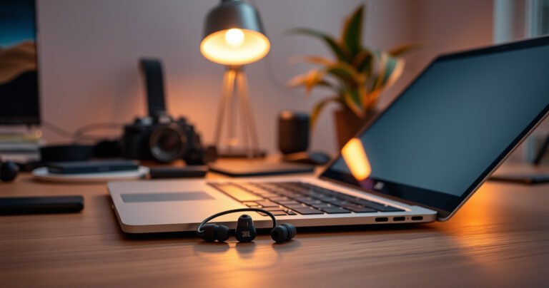 A modern workspace featuring a sleek laptop with JBL earbuds resting beside it, glowing softly. The background showcases a cozy atmosphere with a warm desk lamp, scattered tech gadgets, and a vibrant houseplant, creating an inviting scene that emphasizes technology and connectivity in a stylish environment.