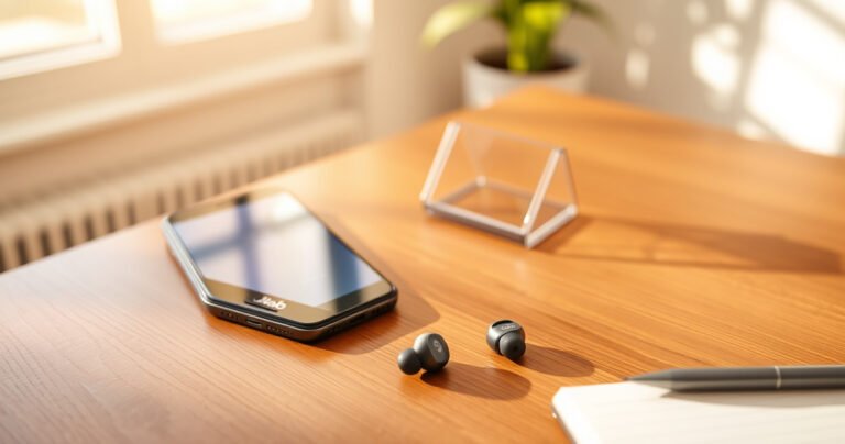 A cozy home setting featuring a pair of sleek JLab earbuds resting on a wooden table alongside a smartphone displaying a vibrant Bluetooth pairing screen, warm sunlight filtering through a nearby window, with a notebook and pen nearby, illustrating the simplicity and ease of connecting wireless technology in daily life.