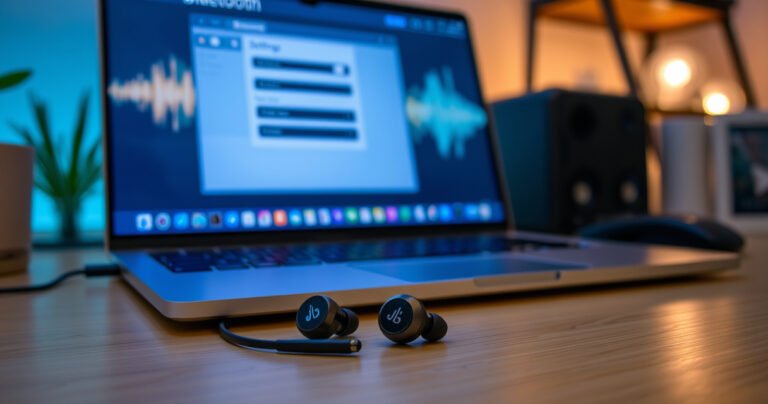 A sleek pair of JLab earbuds resting on a modern computer desk, surrounded by a glowing laptop screen displaying Bluetooth settings, vibrant audio wave graphics in the background, and a cozy ambiance with soft lighting, creating a tech-savvy yet inviting atmosphere that captures the essence of effortless connectivity and quick setups.
