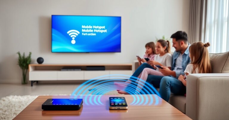 A modern living room with a sleek smart TV displaying a vibrant mobile hotspot connection screen. A family sits on a cozy couch, excitedly using devices, while colorful digital waves symbolize wireless connectivity flowing from a smartphone on a stylish coffee table. Soft lighting enhances a welcoming atmosphere, blending technology and comfort.