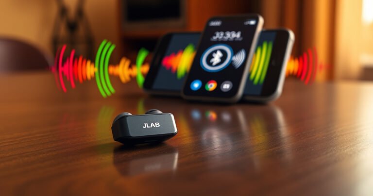 A close-up of sleek JLab earbuds resting on a wooden table, surrounded by vibrant sound waves illustrated in bright colors, with a smartphone displaying a Bluetooth connection screen in the background, all bathed in warm, inviting light that hints at a cozy listening experience.