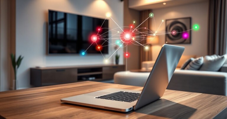 A sleek laptop sits open on a stylish wooden desk, casting soft light against a modern smart TV mounted on the wall. Colorful visual connections display between them, with glowing lines symbolizing wireless technology. In the background, a cozy living room with plush furniture and a warm ambiance adds a welcoming touch.