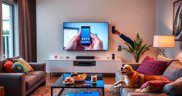 A sleek, modern living room featuring a vibrant Samsung Smart TV displaying an iPhone screen mirrored on it. A cozy sofa with colorful throw pillows, a coffee table with snacks, and soft ambient lighting create a warm atmosphere. A person, excitedly holding an iPhone, points at the TV while a playful dog lounges nearby.