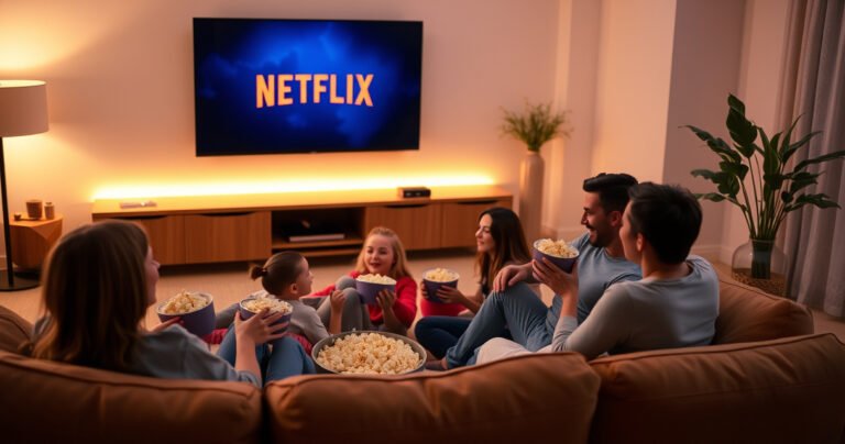 A cozy living room with a sleek smart TV displaying the Netflix logo, surrounded by a warm ambiance of soft lighting. A family happily gathers on a plush sofa, with popcorn bowls in hand, as they prepare to enjoy their movie night together, showcasing the joy of technology bringing loved ones closer.