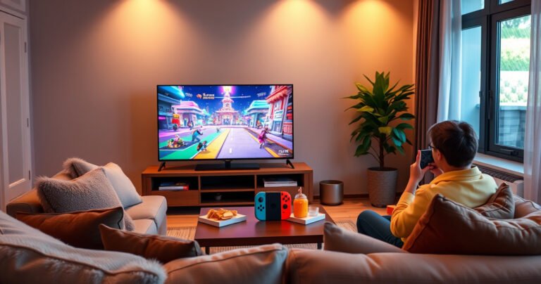 A cozy living room featuring a Nintendo Switch connected to a sleek smart TV, bright colors radiating from the screen displaying a vibrant game scene. A comfortable sofa with plush cushions, snacks on a coffee table, and warm ambient lighting create an inviting atmosphere, showcasing the joy of gaming together with friends or family.
