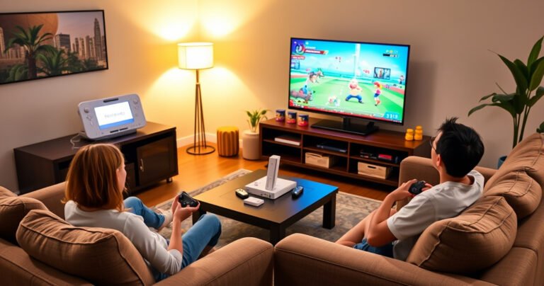 A cozy living room scene featuring a Nintendo Wii console on a stylish entertainment unit, connected to a sleek Samsung Smart TV displaying vibrant gameplay. Soft, warm lighting illuminates plush sofas and scattered game controllers, while a family eagerly watches and engages, surrounded by colorful game cases and snacks, capturing the joy of gaming together.