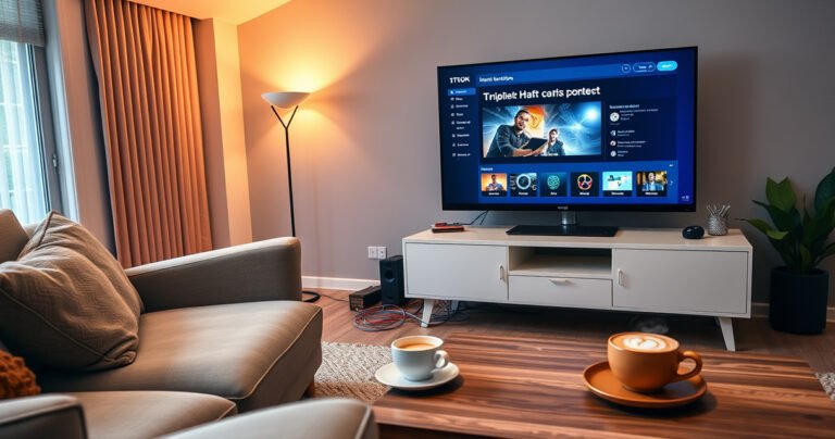 A cozy living room scene featuring a sleek modern PC on a stylish desk connected to a vibrant smart TV displaying a tutorial interface, warm ambient lighting, colorful cables elegantly arranged, a comfortable sofa, and a coffee table with a steaming cup of coffee, inviting viewers to explore the seamless connection between technology and relaxation.