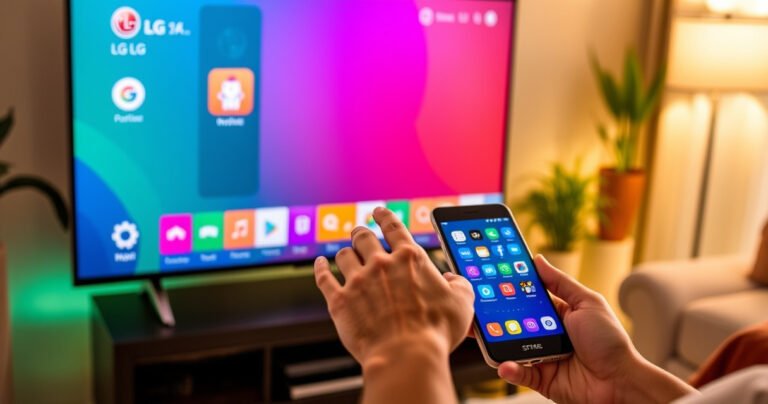 A sleek LG Smart TV displaying a vibrant home screen, with a modern smartphone beside it, both glowing with colorful app icons. A user’s hand is poised over the phone, indicating connection, surrounded by a warm, inviting living room filled with soft lighting, plush couches, and a hint of greenery from potted plants.