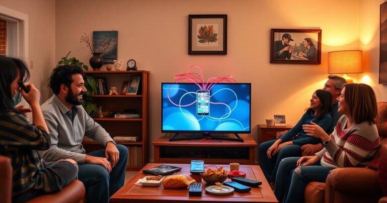 A cozy living room with a classic non-smart TV displaying a smartphone screen, vibrant connection cables intertwining, a family gathered around laughing and enjoying, warm ambient lighting reflecting off wooden furniture, a coffee table cluttered with snacks and remote controls, creating a sense of togetherness and modern technology blending with nostalgia.